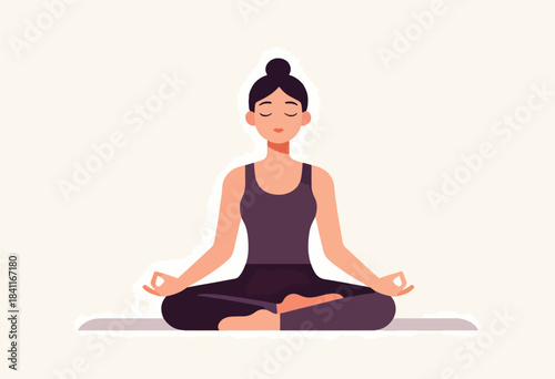A woman in a dark outfit meditates in the lotus position on a mat, eyes closed, hands in Gyan mudra