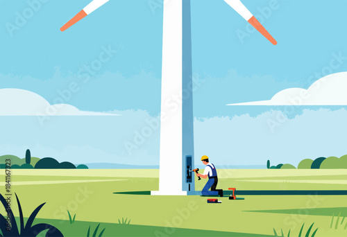 A worker in overalls is repairing a wind turbine on a green field under a blue sky
