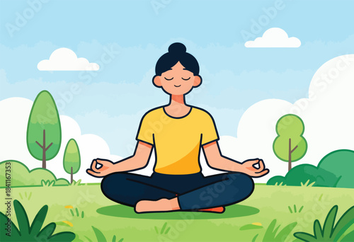 A person meditates in the lotus position in a park, serene with closed eyes, under a blue sky