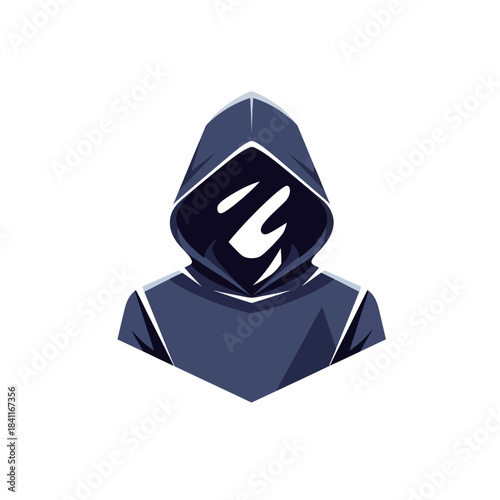 A dark blue hooded figure with a mysterious face obscured by shadow, representing anonymity or a hacker.