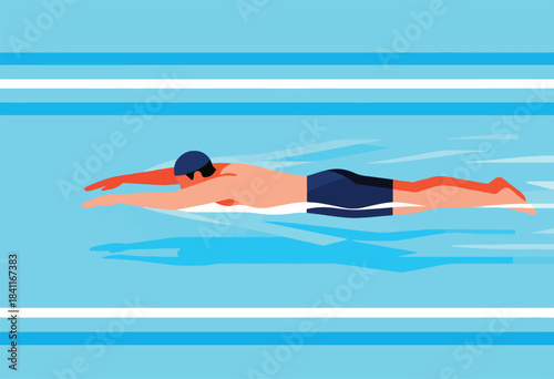 A swimmer in a blue cap, depicted mid-stroke in a stylized pool, with water lines