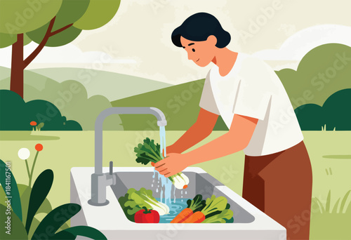 A person washes fresh produce at an outdoor sink. Vegetables, water, a tree, and grass are in the image