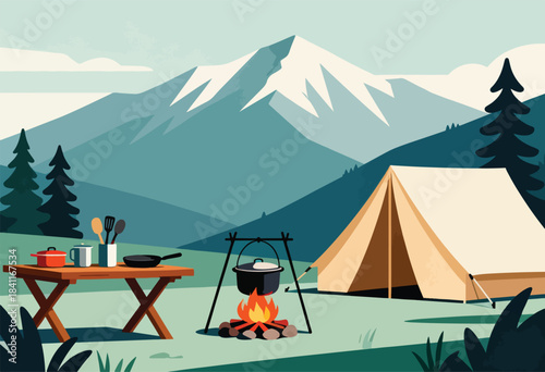 A stylized illustration of a campsite with a tent, cooking setup, and mountain backdrop