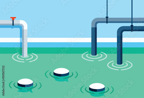 A flat illustration of pipes with water ripples and cylindrical forms in green water. Sky blue background