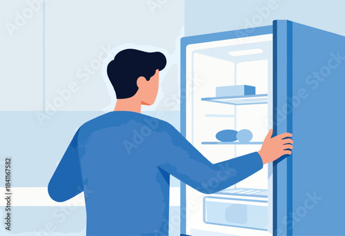 A person in a blue shirt opens a blue refrigerator, with a few items visible inside