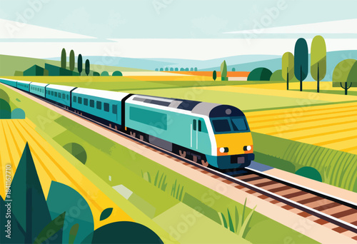 A cartoon train speeds across a rural landscape under a clear sky. The scene is bright and flat