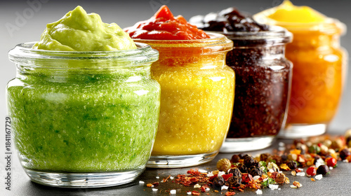 Colorful homemade sauces in glass jars displayed with spices on rustic kitchen surface