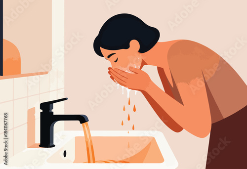 A person washes their face over a sink. Water from a black faucet runs. Illustrated with soft tones