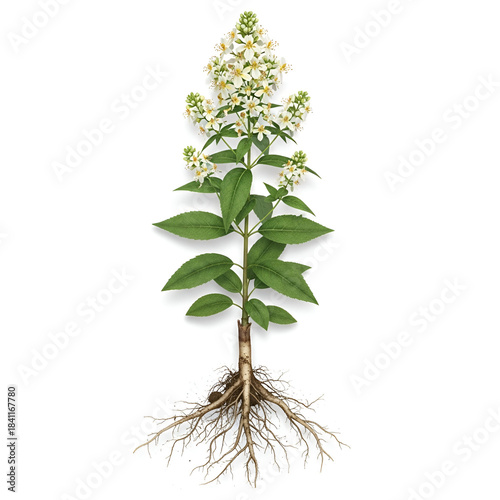 Stone root plant with roots and white clustered flowers