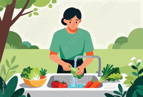 A person in a green shirt washes vegetables at a kitchen sink, with a bowl of produce beside them, outdoors