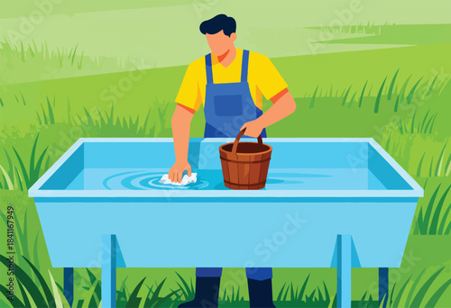 A person in a yellow shirt and blue overalls cleans a water trough, holding a wooden bucket