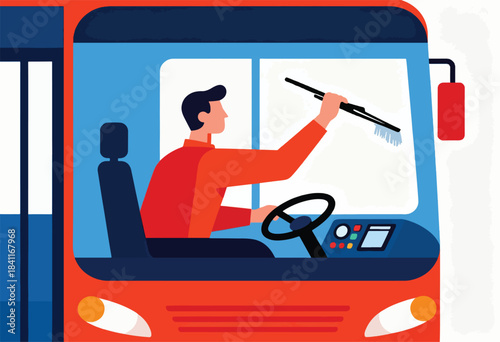 An illustration shows a bus driver using a wiper on the windshield, set inside a red and blue bus