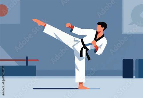 A silhouetted figure in a white uniform performs a high kick, set against a muted blue background with abstract shapes