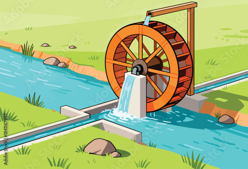 A stylized illustration features a water wheel powered by falling water in a canal, set in a green landscape