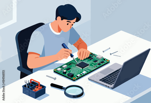 An individual repairs a computer circuit board with a screwdriver, beside a laptop, tools and a magnifier