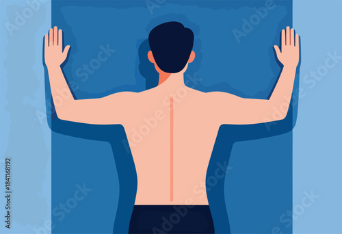 A minimalist illustration depicts a person's bare back with arms extended on a blue surface. View is from the rear