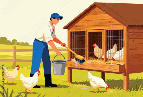 A farmer cleans a chicken coop, chickens roam, set in a sunny farm scene