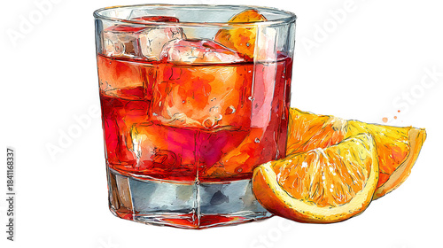 A refreshing watercolor Negroni cocktail with vibrant orange slices promising an uplifting on transparent background