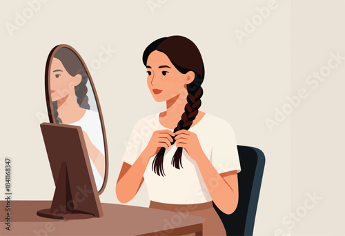 Illustration of a woman braiding her hair in front of a mirror, seated at a desk. The mirror reflects her profile