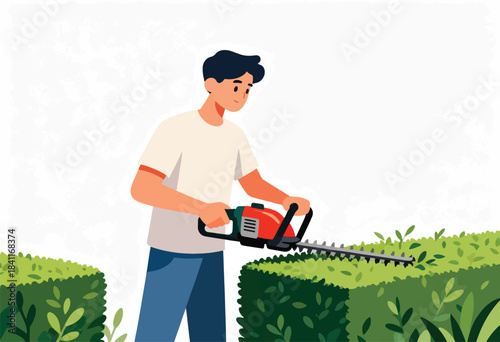 Illustration shows a man trimming a hedge with electric shears in a garden. Bright, flat-style with green and neutral tones