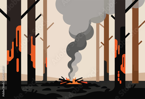 Stylized illustration depicts forest fire with burning trees, smoke plumes, and a campfire