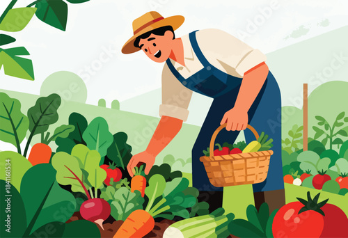Illustration of a farmer with a straw hat harvesting vegetables from a garden, basket in hand