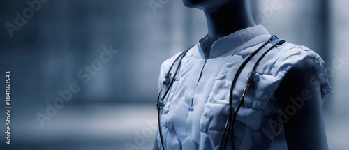 Futuristic mannequin wearable device soft armor lab cyberpunk calm