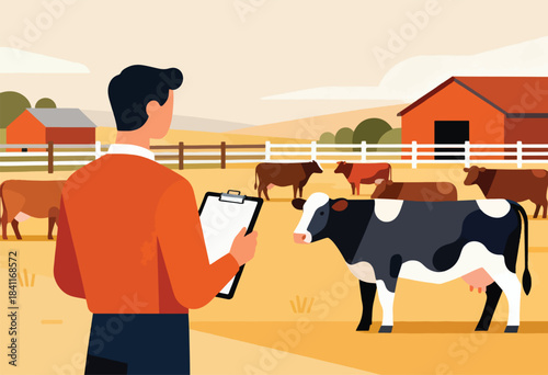 A person in an orange sweater and navy pants examines cows on a farm with a barn and fences