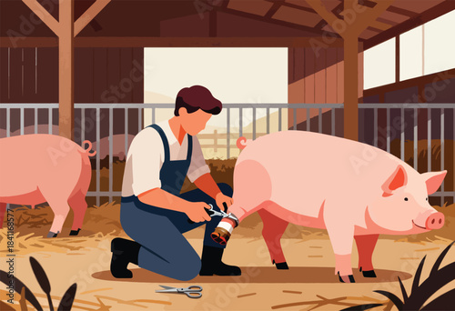 An illustration shows a farmer trimming a pig's foot. The scene is in a barn with other pigs in the background