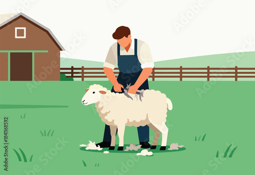 A farmer shears a sheep in a green field next to a barn and wooden fence. The sheep has a happy face