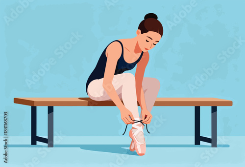 A dancer in leotard and tights sits on a bench, tying the ribbons of a pointe shoe in a studio setting