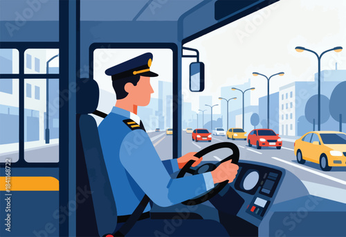 A bus driver in uniform steers through city traffic, cars on road, buildings in background. Stylized