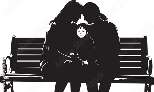 Silhouetted couple embracing on a park bench with a child between them
