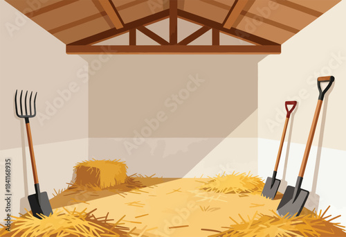 Simple interior illustration of a barn with hay on the ground, tools, wooden beams, & soft lighting