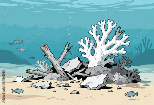 Cartoon illustration depicts a damaged underwater coral reef with fish swimming