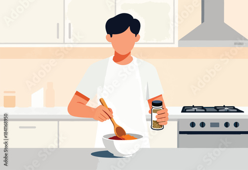 A faceless figure, wearing a white apron, cooks in a kitchen. They stir a bowl and hold a spice jar