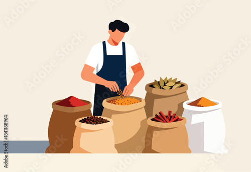 A vendor, in an apron, sorts spices from burlap sacks against a neutral backdrop. Variety of spices on display