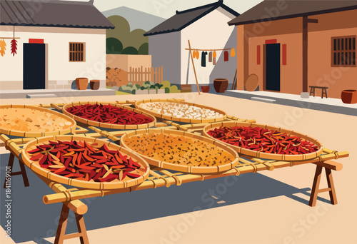 Traditional scene Produce dries on bamboo trays near houses in a rural village