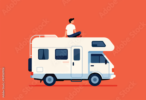 An illustrated campervan on a red background with a person sitting on its roof, back facing towards the viewer