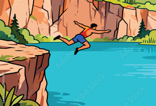 Illustration of a man mid-air, diving off a cliff into a vibrant lake. Rocky landscape
