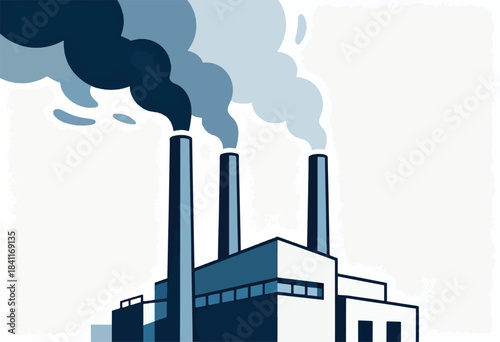 Stylized illustration of an industrial facility with three smokestacks emitting plumes against a white sky