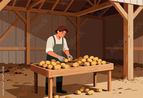 A person in a wooden structure sorting potatoes on a table, with light and shadow, and a dirt floor