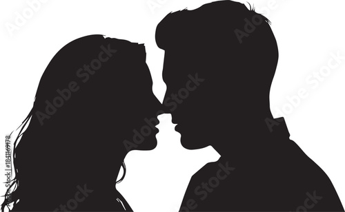 Silhouette of a couple embracing and about to kiss against a bright white background