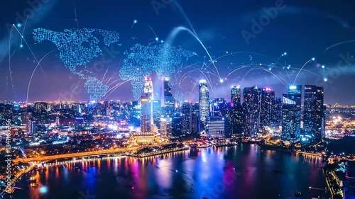 Futuristic Cityscape with Global Data Network at Night