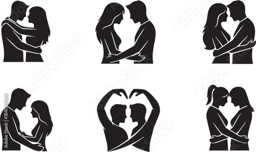 Silhouette collection of romantic couples embracing and forming heart shapes