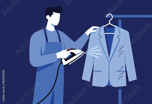 A flat illustration of a person ironing a blue blazer with steam. The scene is on a dark blue background