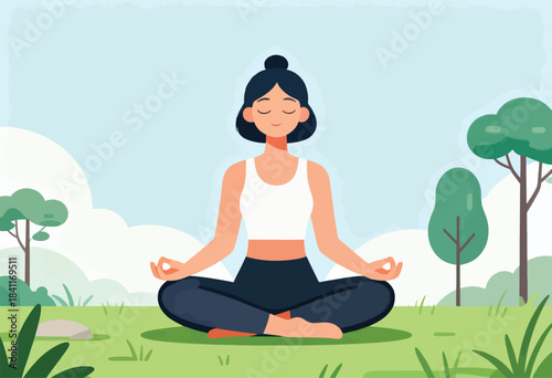 A woman meditates in a lotus position outdoors, amidst trees, grass, and a bright, soft blue sky
