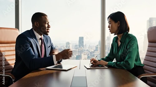 Two professionals in a sunny corporate meeting room negotiate over a tablet at a wooden table today