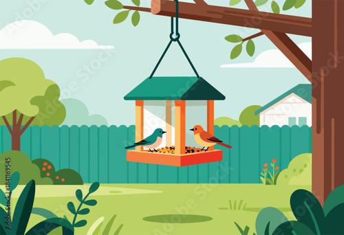 A whimsical illustration depicts a bird feeder hanging from a tree branch, birds enjoying a meal, in a garden
