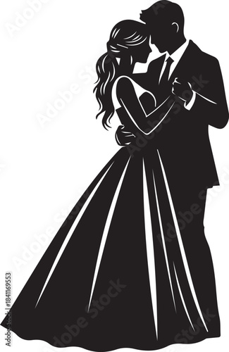 Silhouetted couple embracing in formal attire during a romantic wedding dance
